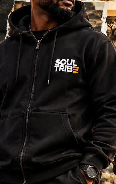SoulTribe Zipped Hoodie in black, front view
