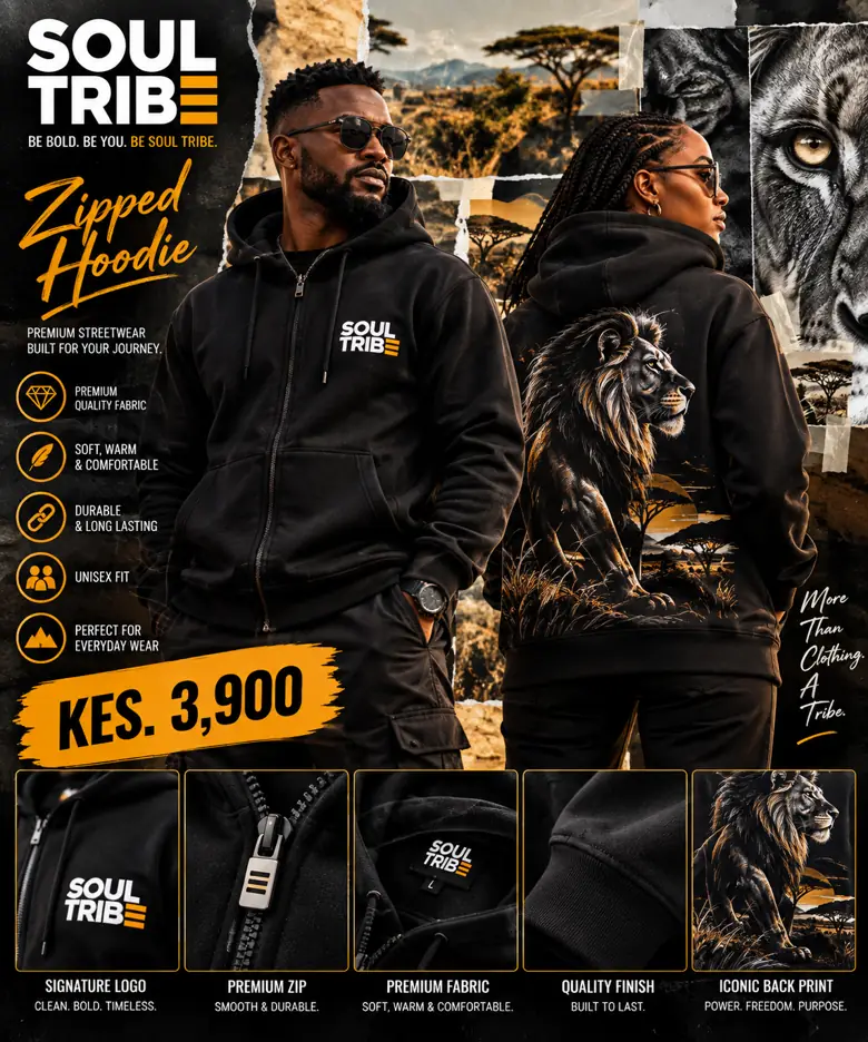 SoulTribe Zipped Hoodie in black, product sheet