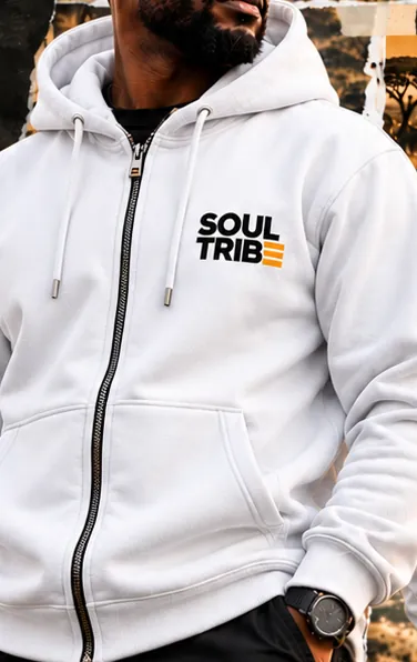 SoulTribe Zipped Hoodie in white, front view